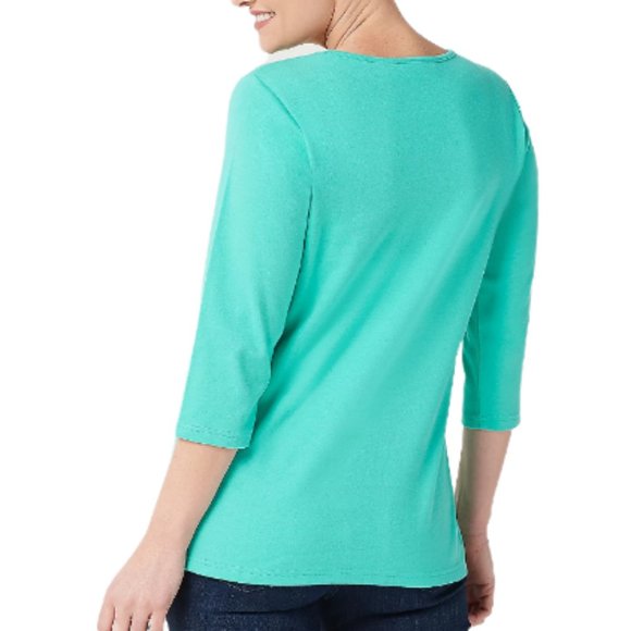 Quacker Factory Eyelet Scalloped 3/4 Sleeve T-shirt Top  10295 - Picture 2 of 2